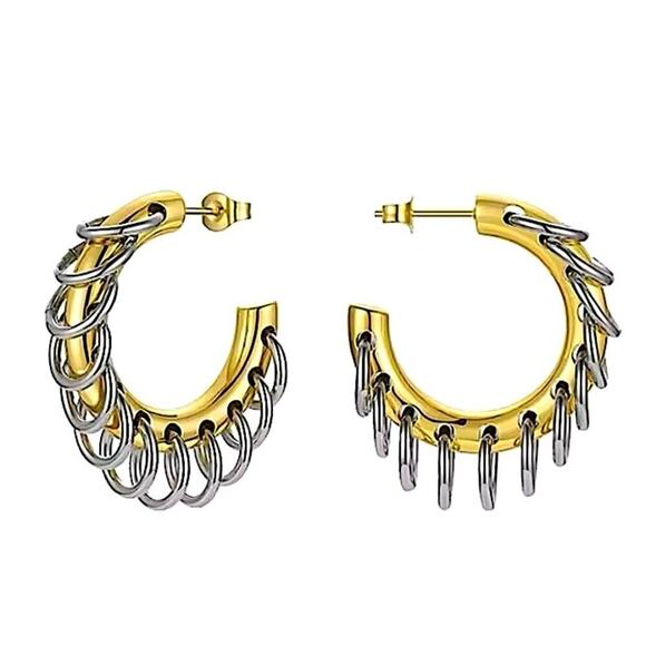 Gold Chain Hoop Punk Earrings Two Tone Retro Y2K - Picture 5 of 6